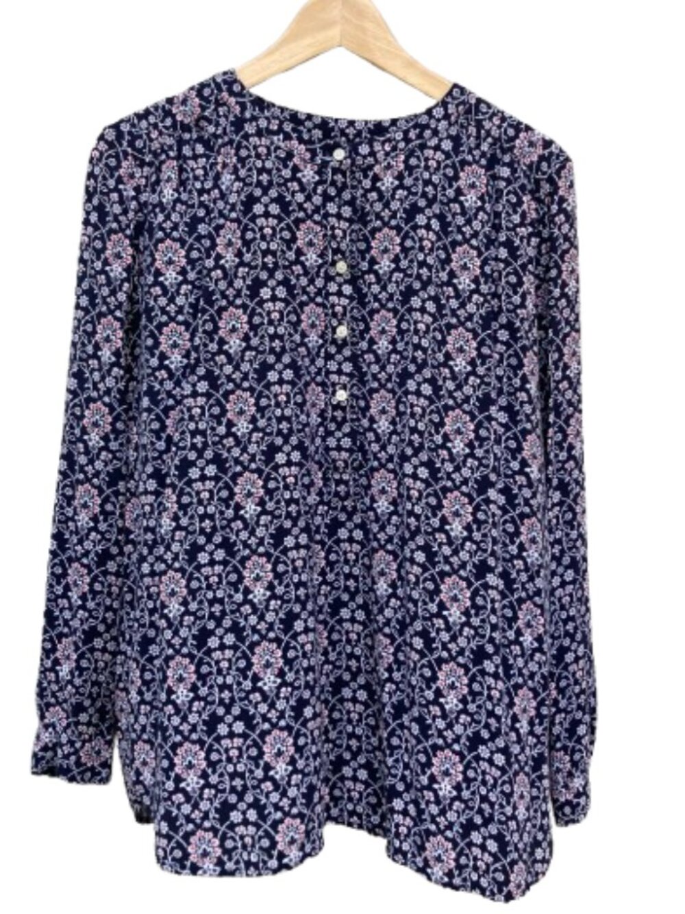 LOFT 1/4 Button Down Shirt LS Navy With Floral Paisley Career Flowy Long size M